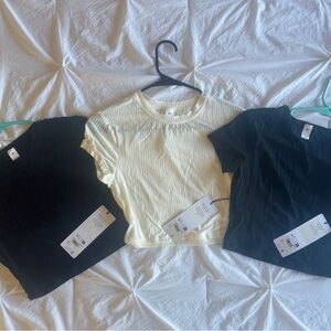 ALO Yoga Ribbed and Mesh Cropped Tees - Black and Ivory